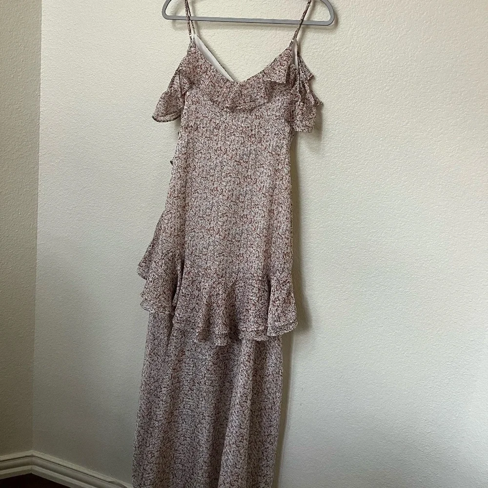 FLORET STUDIOS | Cold Shoulder Asymmetric Ruffle Dress In Rust-Cream | Size XS
